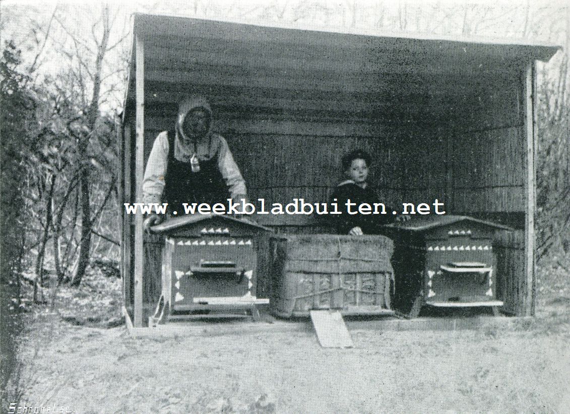 Bijenliefhebber, in groot tenue, die 't voorjaarsonderzoek begint. De kasten zijn geheel gelijk aan de door ons gebouwde, bezitten een schaduwluifer en zijn met aardige bijenfiguren versierd
