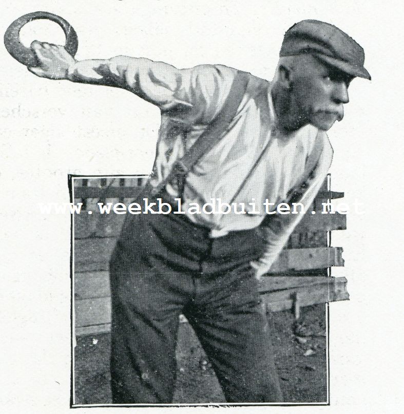 Het werpschijf-spel. Een nieuwe sport. Het mikken en werpen