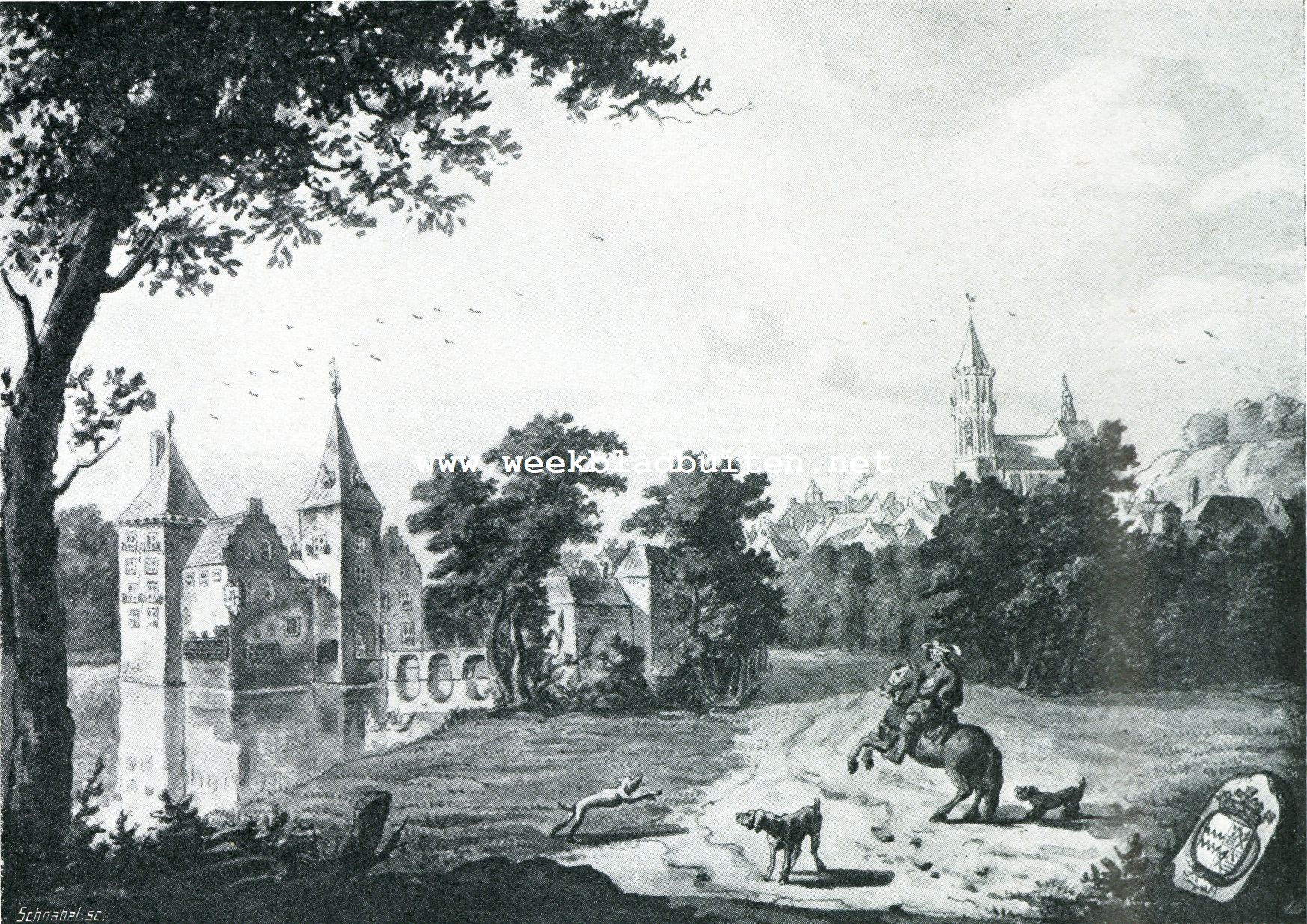 Het Huis te Amerongen. Het Huis Amerongen zooals dit er in vroeger eeuwen uitzag (naar een oude prent)