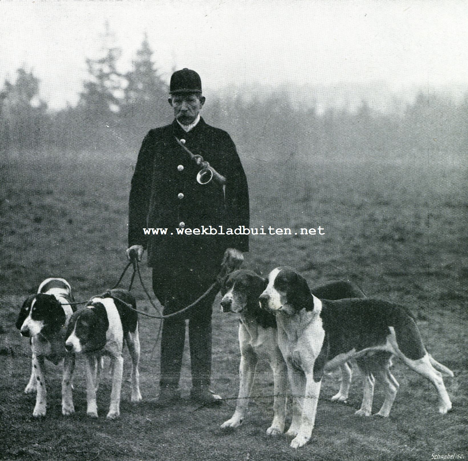 Hertenjacht. G. Blom. Valet de chiens met vier der beste honden van het 