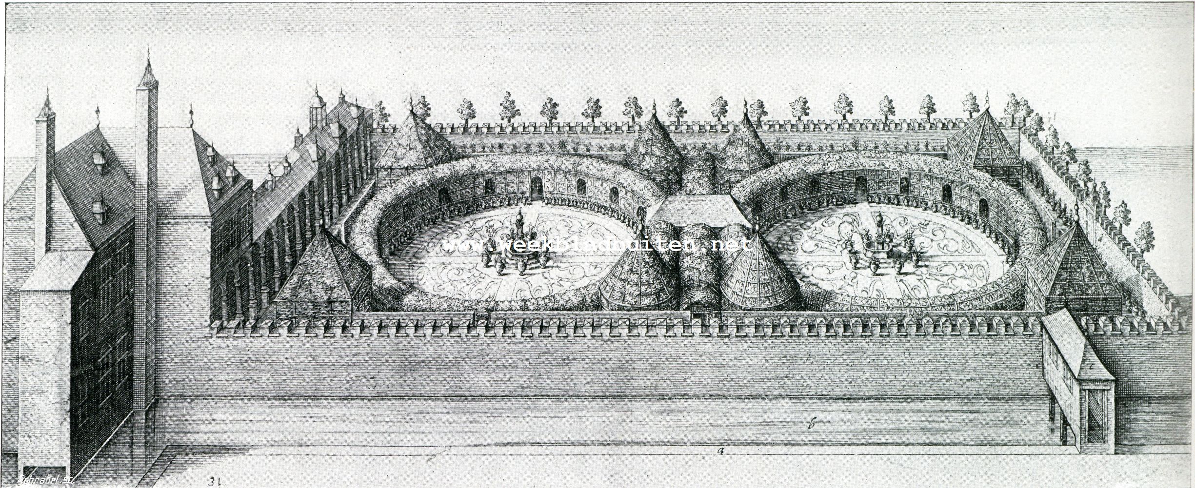 Een praatje over tuinkunst en nog wat. De nieuwe hoff van den doorluchte Prince van Orange te 's Gravenhage, (thans Buitenhof). Naar Hondius 1604. Voorbeeld van broderie-partures