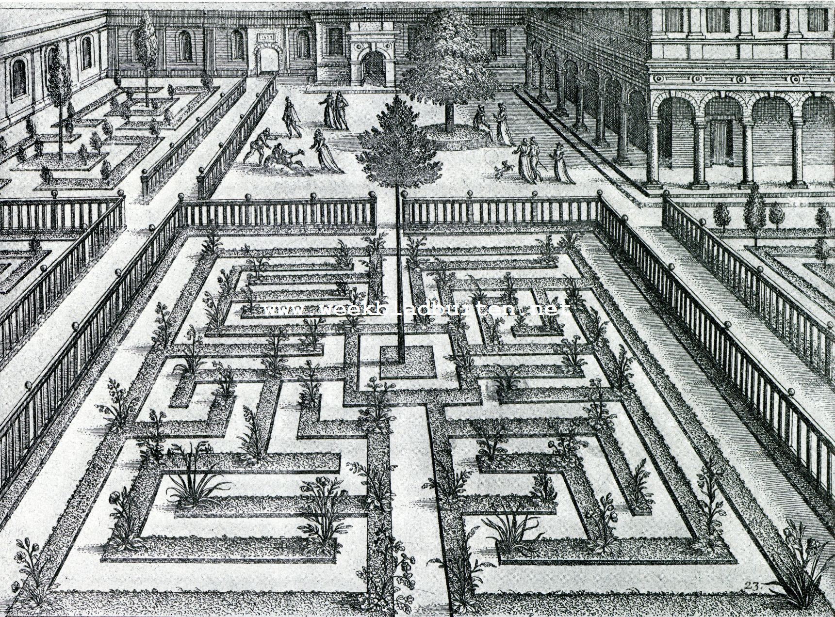Een praatje over tuinkunst en nog wat. Bloemtuinlabyrinthvorm. Door Jan Vredeman de Vries, omstreeks 1580