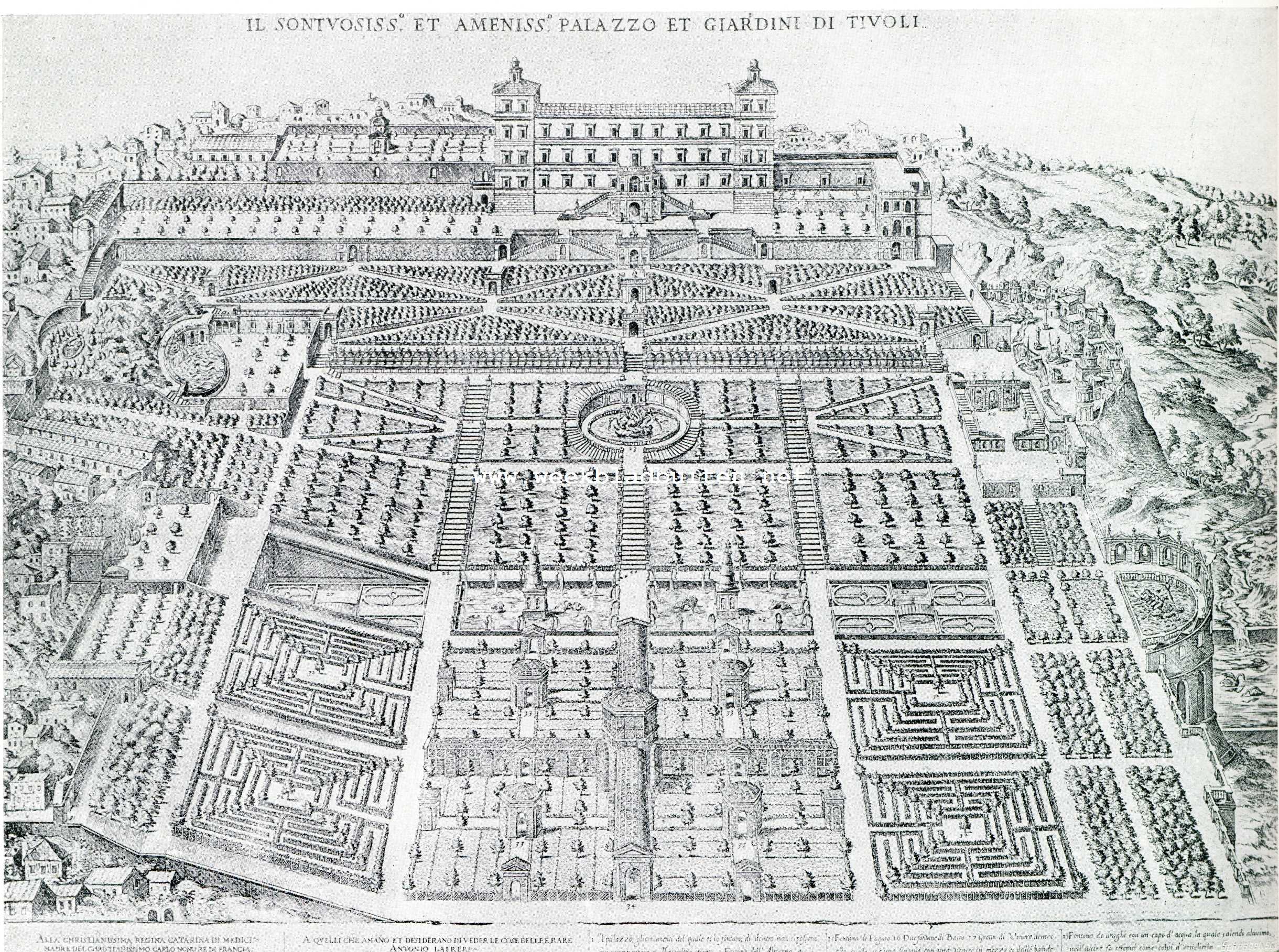 Dutch Gardens. I. Villa D'Este bij Rome. Volgens een gravure van Etienne de Perac in 1573. Men lette op het door Berceaux overdekte midden kruispad in de Layrinthen