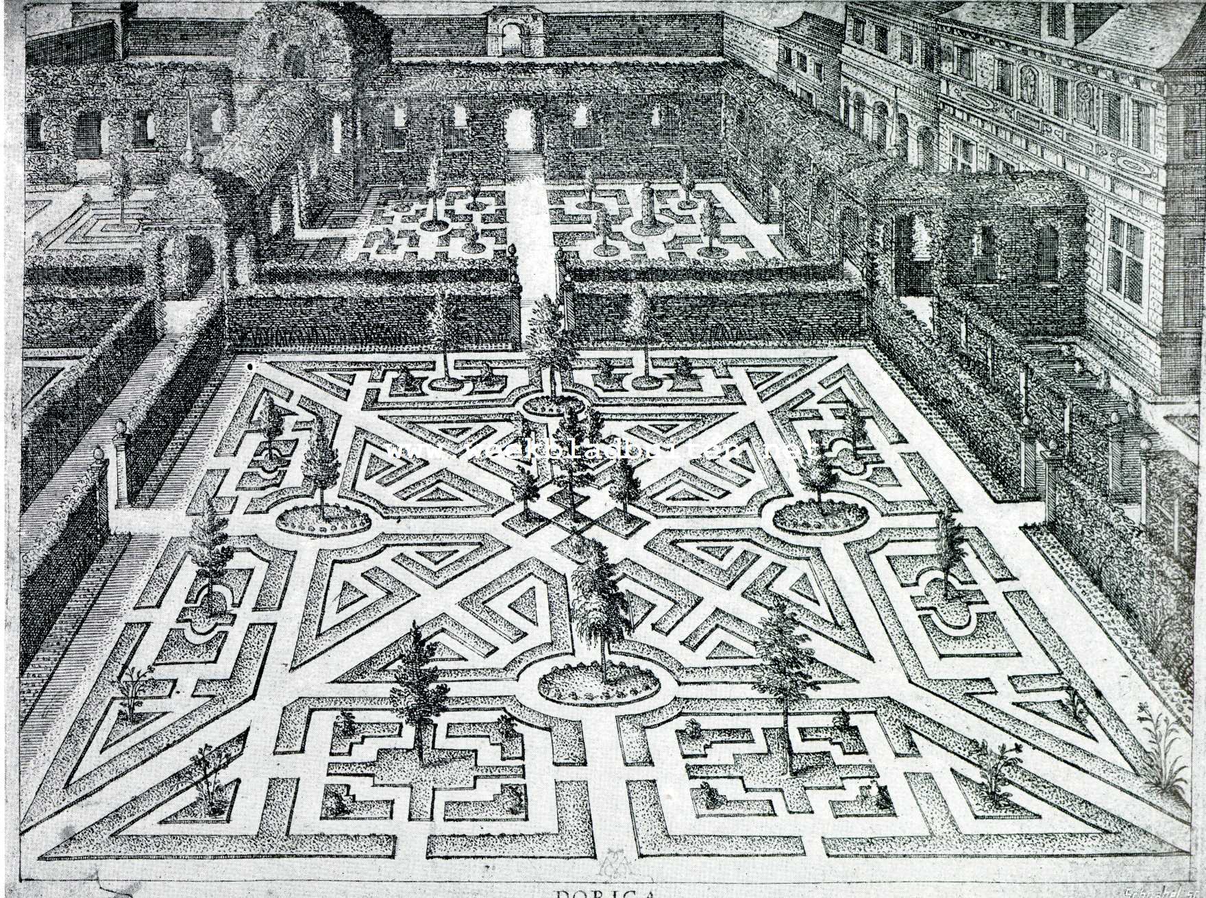 Dutch Gardens. III. Bloementuin met groene berceaux en heggen. Volgens een gravure van Jan Vredeman de Vries omstreeks 1580