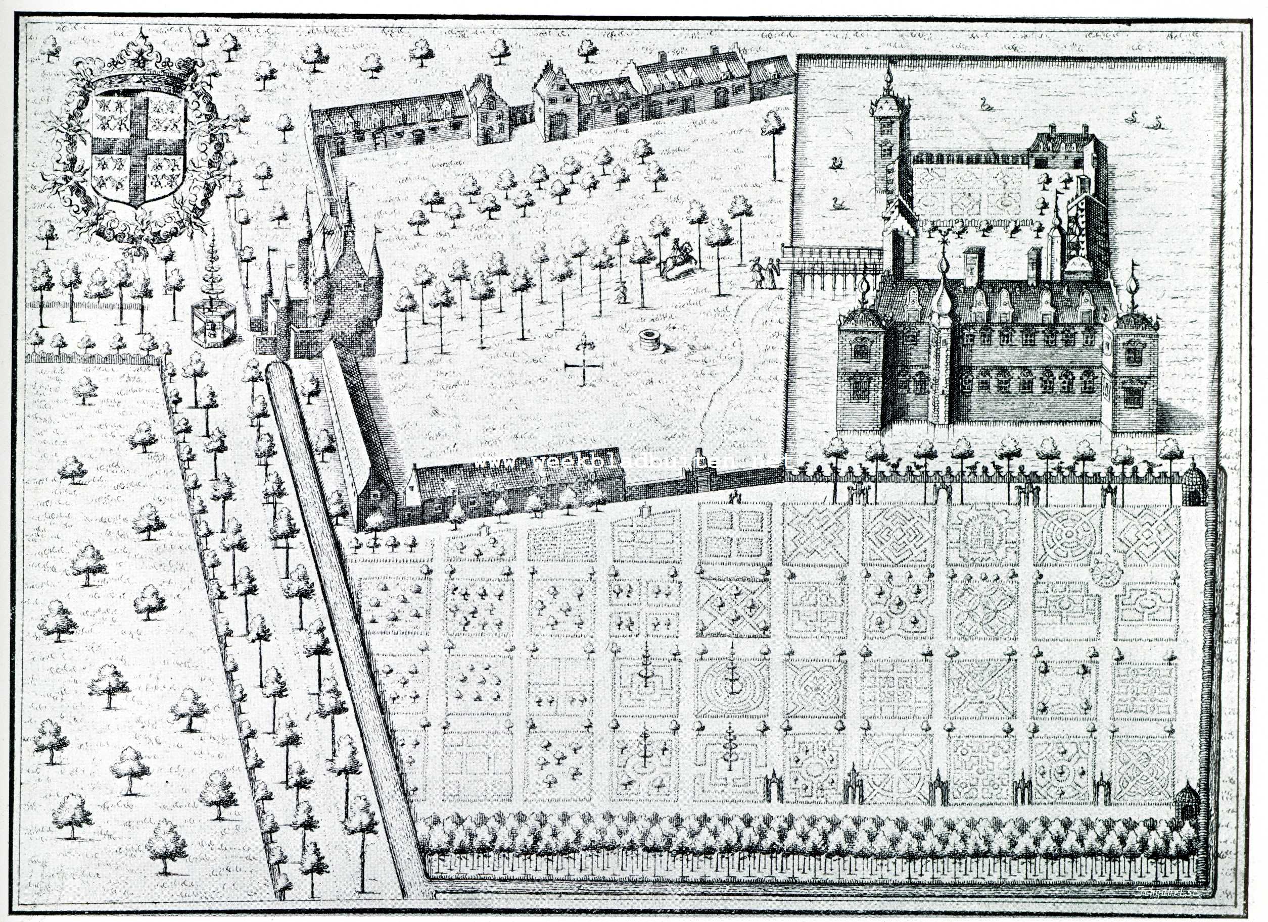 Dutch Gardens. VI. 't Kasteel Moerbeecke in Vlaanderen omstreeks 1640. De indeling is volkomen gelijk aan die van de tuinen der Tuillerien te Parijs in 1570, door Jac. Androut Ducereau. Op de geschoren heggen dierfiguren. Een der kwadraten vertoont in palm en gekleurde steen het wapen van 't huis