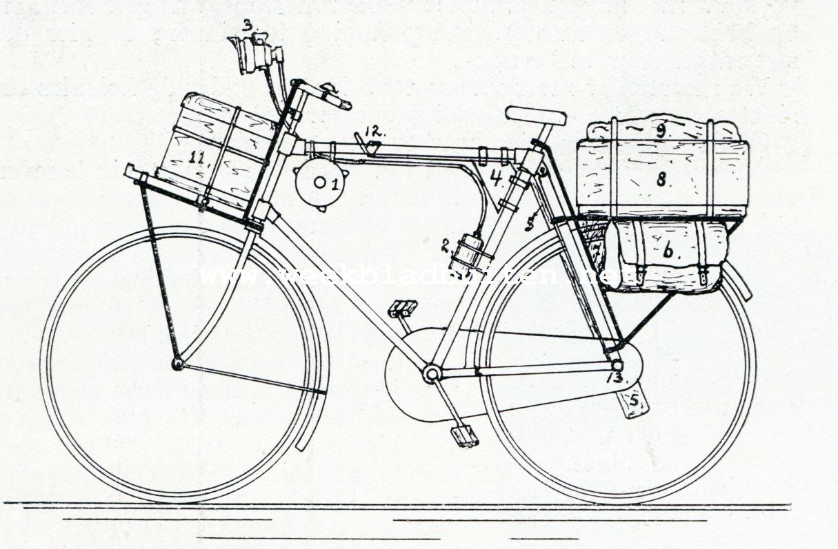 Vagebondeerende wielrijders. Schets van het bepakte rijwiel. 1, Petroleumtoestel. 2. Carbied- en waterreservoir. 3. Lamp. 4. Gereedschapstas. 5. Tentstokken in foudraal. 6. Tasch met kaarten enz. 7. Tasch met toiletartikelen enz. 8. Mand met keukengerei. 9. Overjas of cape. 10. Opgevowuen zitbankje. 11. Mand met tent en toebehoren. 12. Hefboom der versnellingsnaaf. 13. Step
