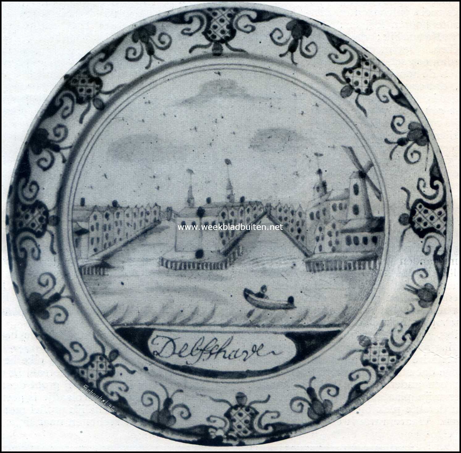 Oud-Delfshaven. Bordje, gevonden in 'n oud Delftsch huis en voorstellende: de haven van Delfshaven. Berust thans in het Museum van Oudheden te Rotterdam