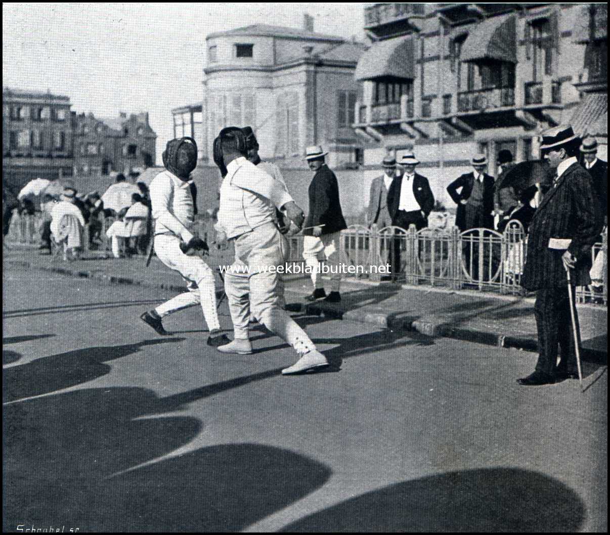 Internationaal schermconcours te Scheveningen. Luitenant Doorman (Nederland) - Goffin (Belgi)