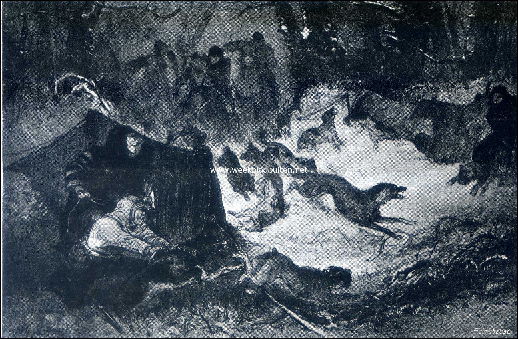 Een wolvenjacht in de 13e eeuw. (Naar een litho van Gh. Rochussen)