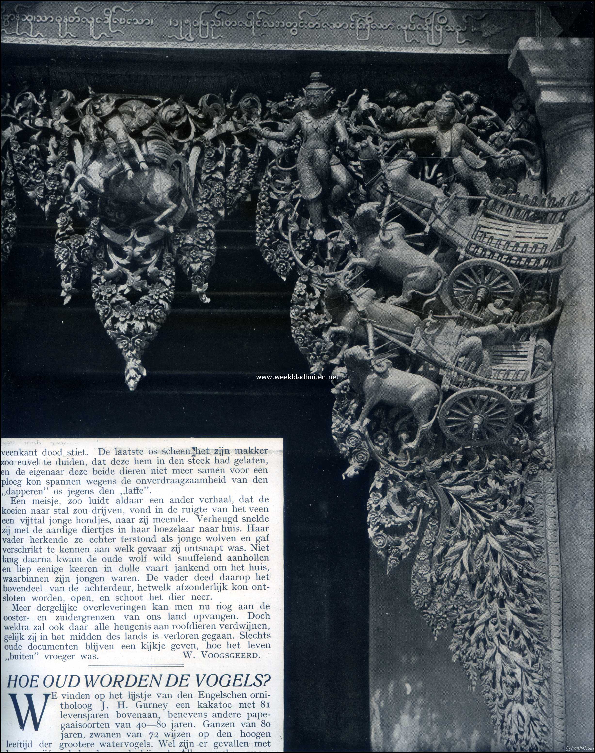 Engelsch-Indische Pagode. Een van de fraaiste pagoden van Engelsch-Indi is die van Shwe Dagon in de merkwaardige stad Rangoon. Deze pagode zou reliquien van Gaudama, ja zelfs van de drie Budhas bevatten, die de Indische godsdienstige wereld vr Gaudama bestierden. Het hier afbeelde beeldhouwwwerk is een detail van het boven de poorten der pagoda aangebrachte