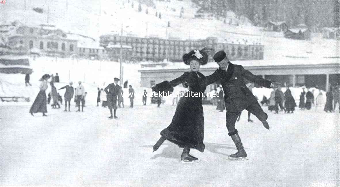 De ijsfeesten te Davos. Den heer Woranek en mevrouw Wirzt, paar-rijden 2