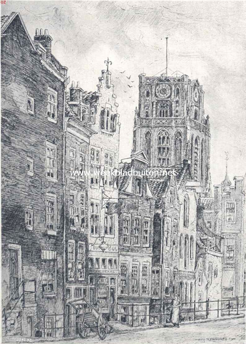 Oud-Rotterdam. Rotterdam. St. Laurensstraat of Gedempte Fransche water, met toren v/d. St. Laurenskerk
