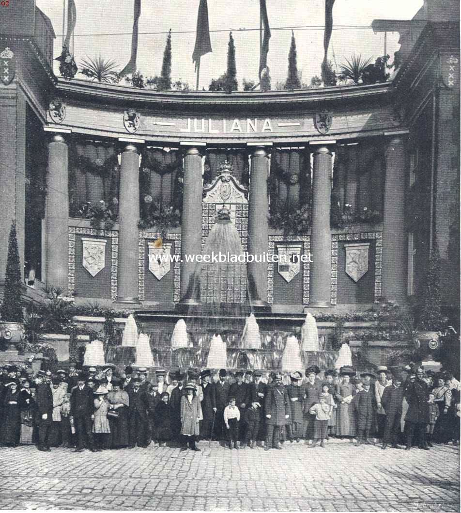 Het koninklijk bezoek aan Amsterdam. De fontein op den Dam