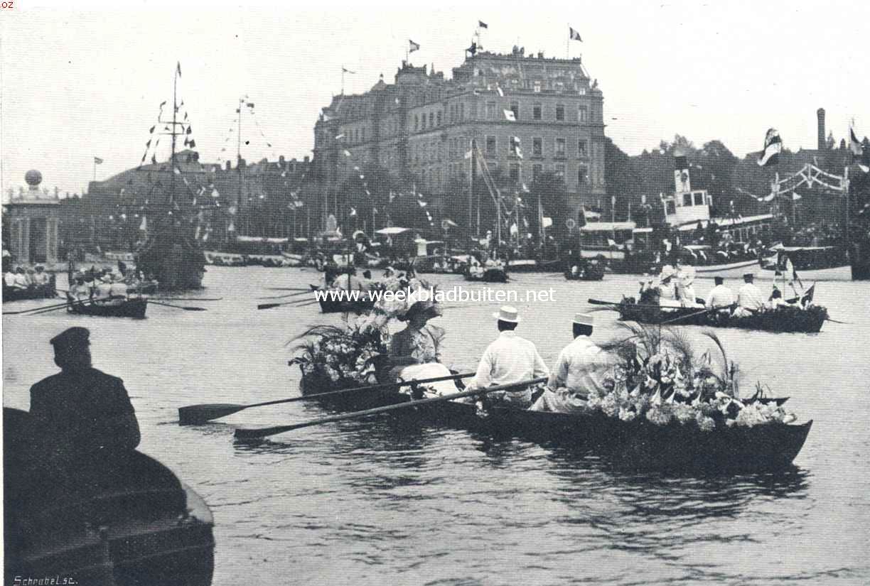 Het bezoek van de koninklijke familie aan Amsterdam. Het waterfeest op den Amstel. Het defil der versierde wherries