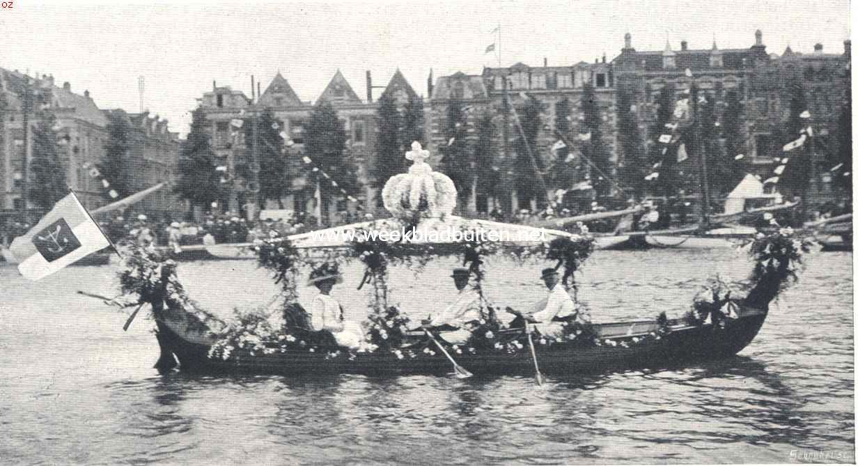 Het bezoek van de koninklijke familie aan Amsterdam. Het waterfeest op den Amstel. Met den 1sten prijs bekroonde wherrie