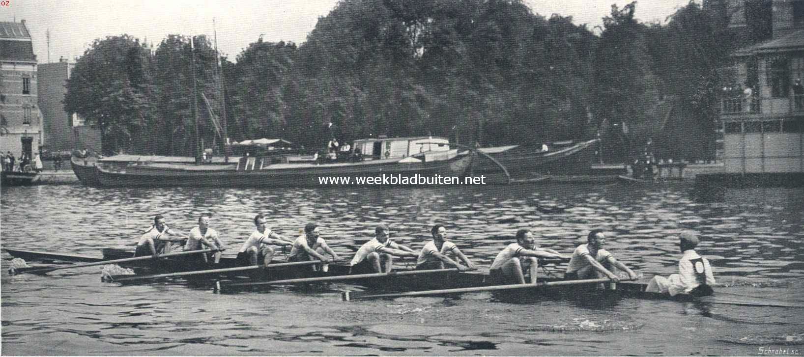 De internationale wedstrijden der Kon. Ned. Zeil- en Roeivereeniging op den Amstel van 18 en 19 juni. De Minerva Acht (Amst. Studenten R.V. Nereus) wint van de Belgische Minerva Acht (Belgische studenten)