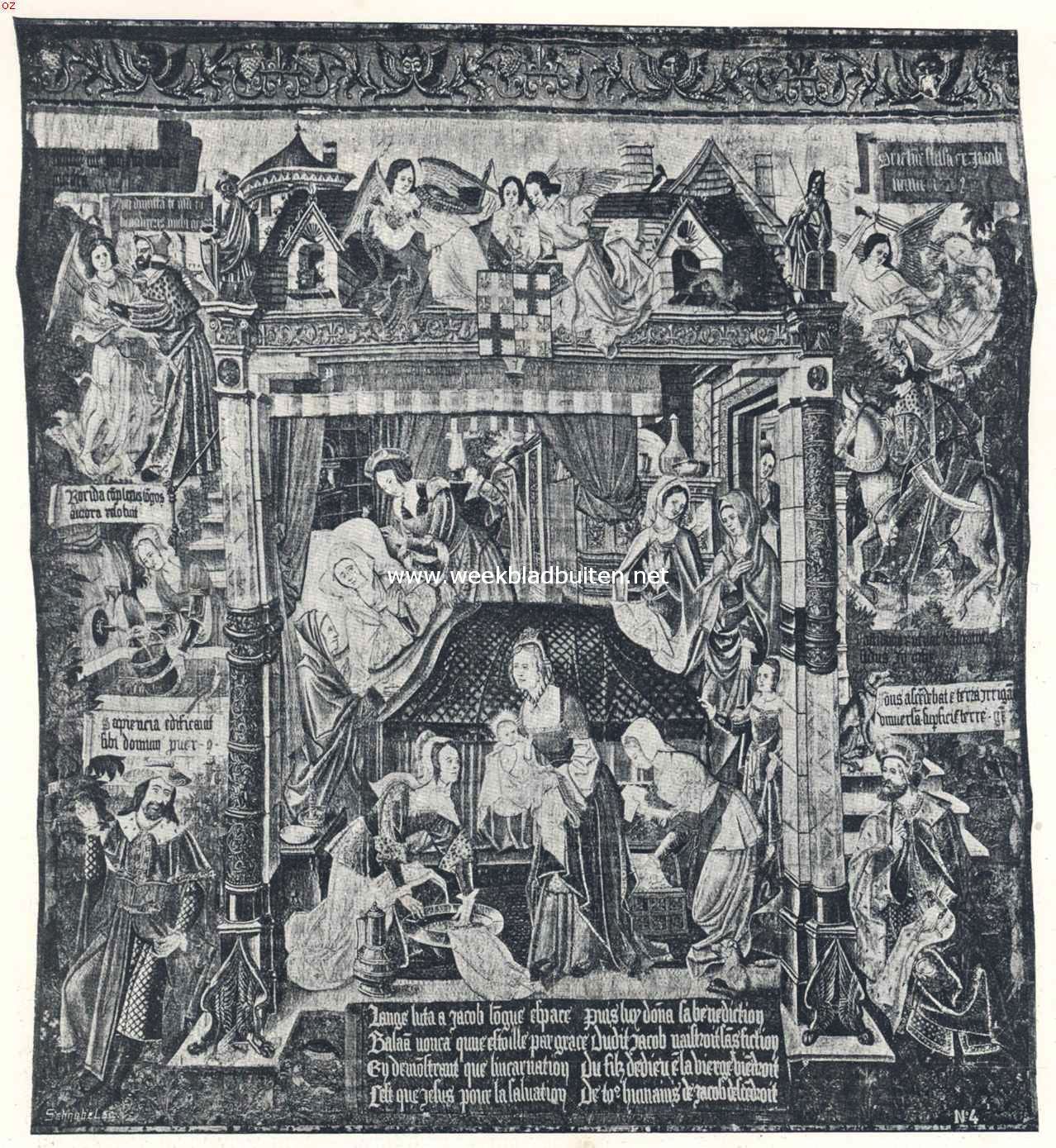 De stad Reims. Gobelin uit de kathedraal, voorstellende de geboorte van de heilige maagd