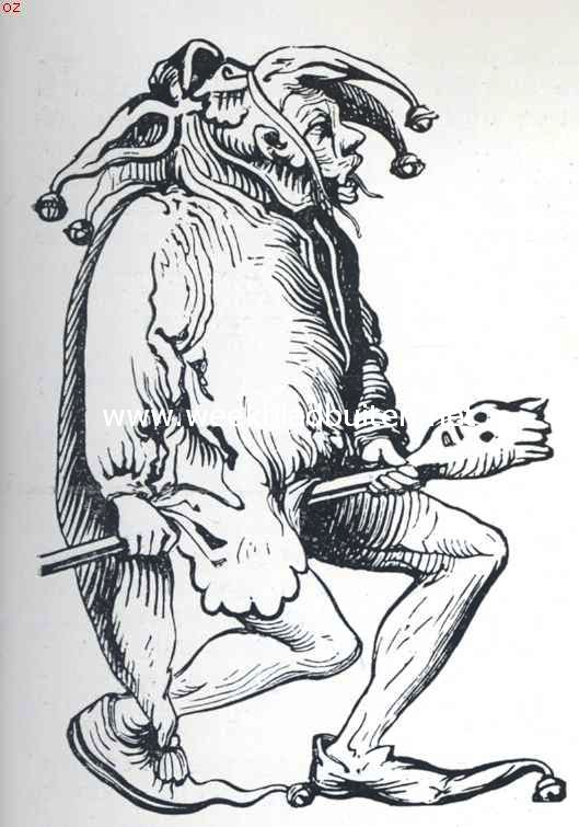 Een praatje over klokken. Hofnar met narrenkap, schepter en bellen. Naar een houtsnede uit Sebastian Munsters Cosmographia (1552)