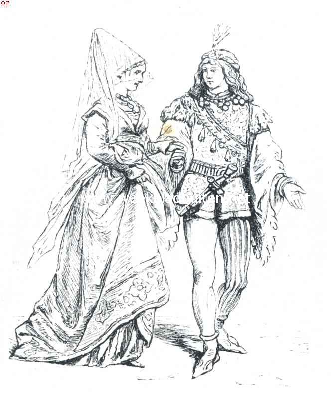 Een praatje over klokken. Man (1400-1450) met breeden bandelier, dwars over den schouder tot de heup, voorzien van bellen