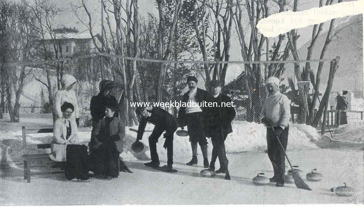 Curlingspel. Derde speler van rechts is de zeer goede Hollandsche speler Neumann