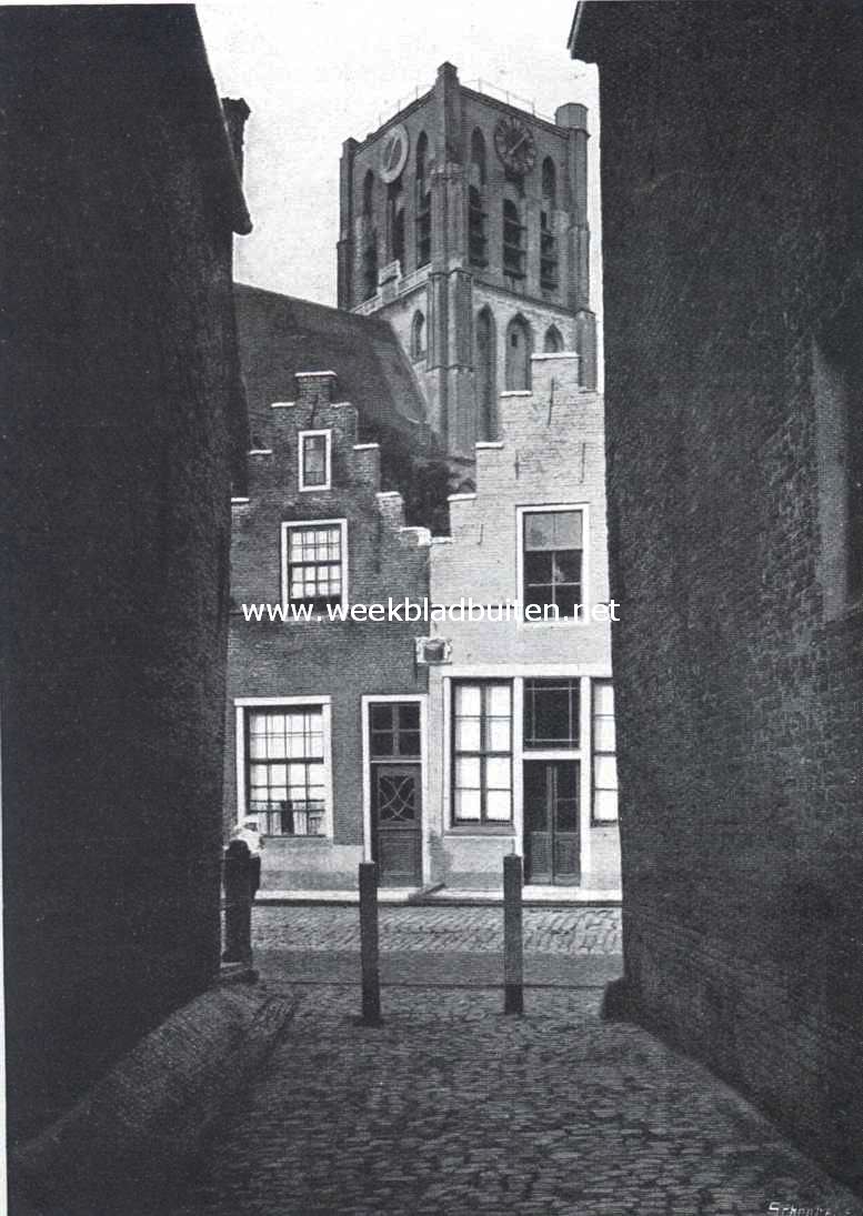 Gezicht op de kerktoren te Brielle