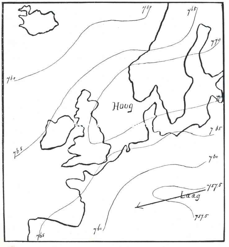 Isobarement van 11 Mei 1910. Voorbeeld van en depressiebeweging in westelijke richting