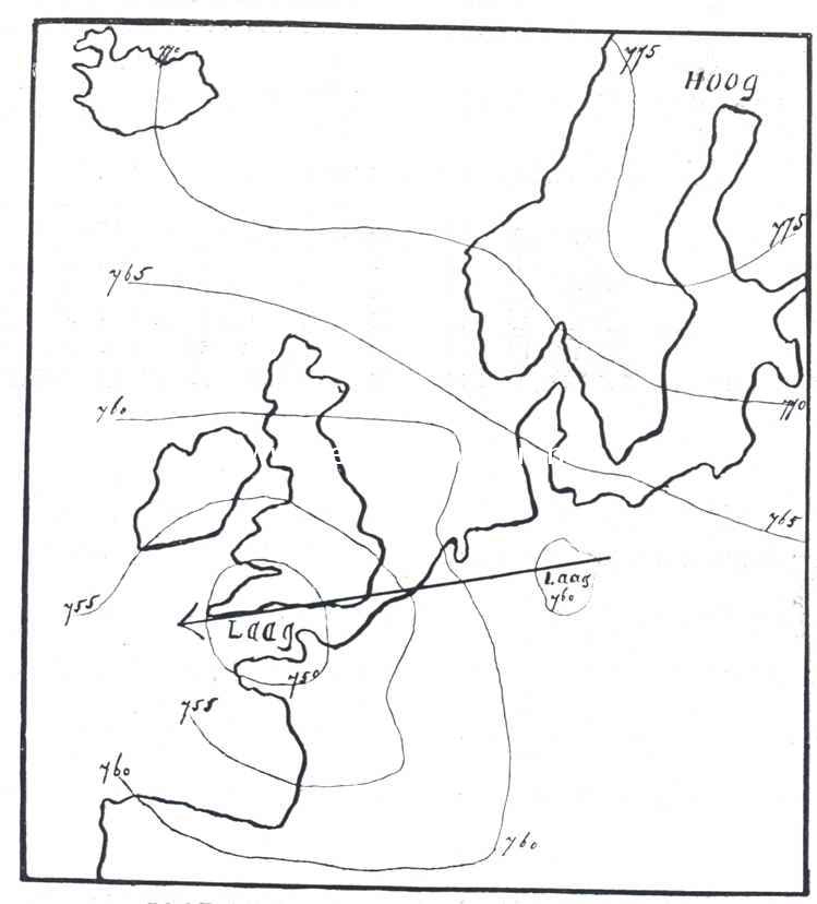 Isobarement van 13 Mei 1910. Voorbeeld van en depressiebeweging in westelijke richting