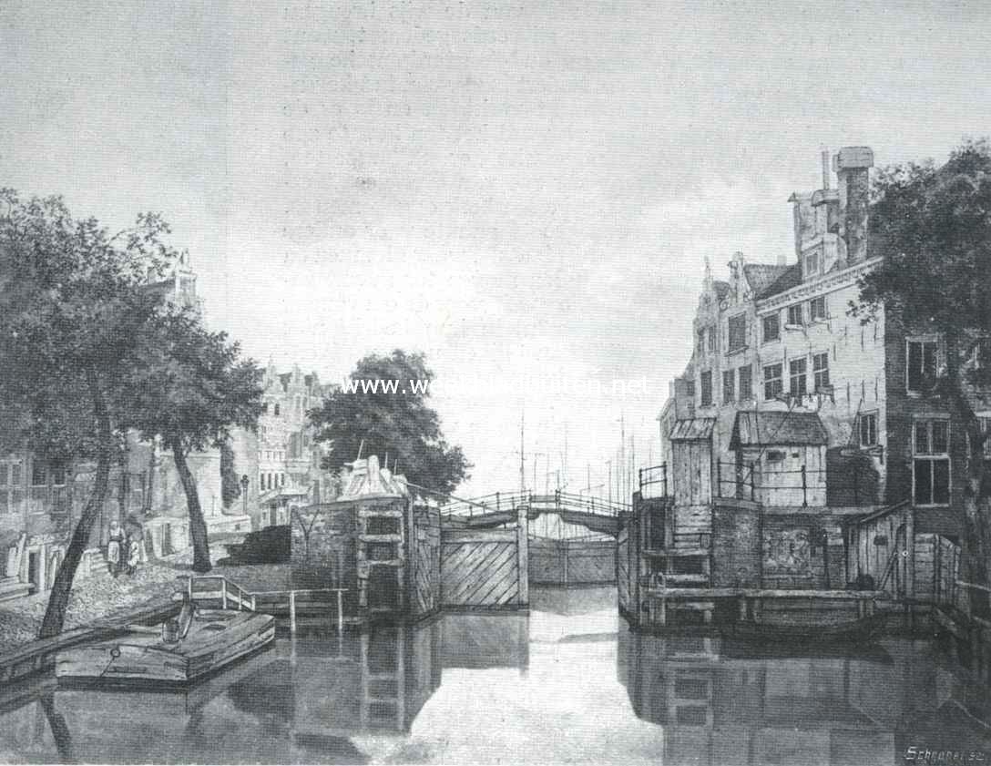 De Nieuwezijds Voorburgwal. De Martelaarsgracht in 1810. Naar eene gekleurde teekening van Brondgeest. (Stedelijk Archief)
