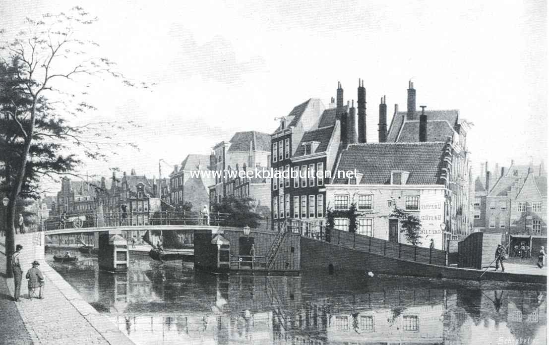 De Nieuwezijds Voorburgwal. De N.Z. Voorburgwal met Nieuwezijdskolk. Naar eene gekleurde teekening van Rieke. (Stedelijk Archief)