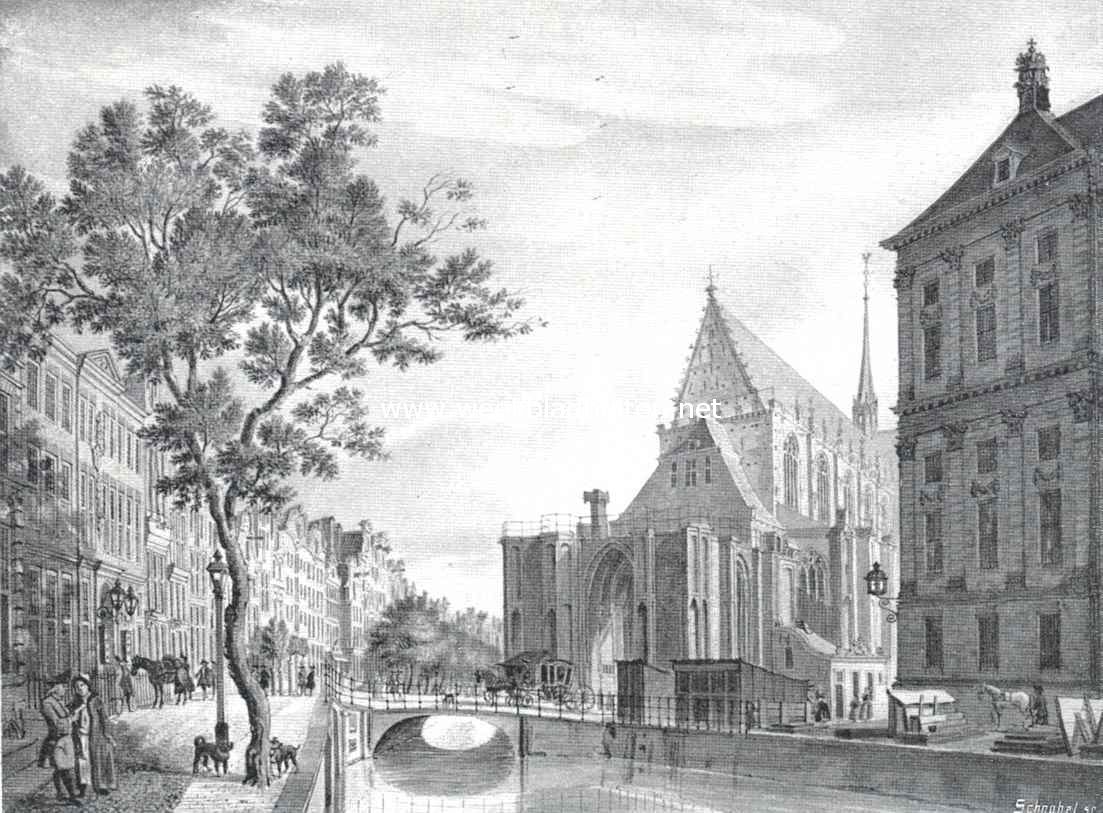 De Nieuwezijds Voorburgwal. De Nieuwezijds Voorburgwal met stadhuis, Nieuwe Kerk (onvolmaakte toren) en postkantoor, omstreeks 1770. Naar een gekleurde teekening in den trant van Jan de Beijer. (Koninkl. Oudheidkundig Genootschap)