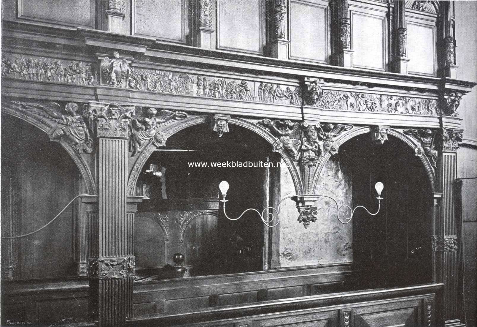 De bedreigde toren en kerk te Schoonhoven. Detail van den heerenstoel in de kerk te Schoonhoven