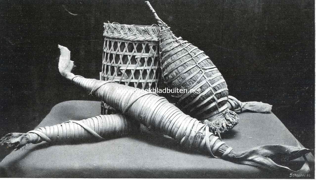 De tabakscultuur in Ned.-Indi. Verpakkingen van tabak voor de inlandsche markt. Vooraan: Temmber eilanden; achteraan links: Boeroe; rechts: Nieuw-Guinea