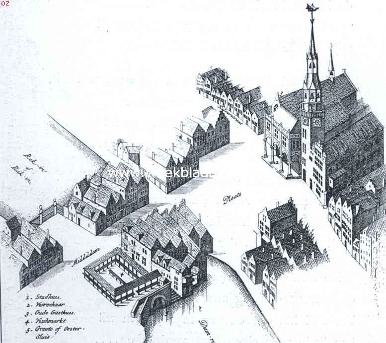 De Dam gedurende vijf eeuwen. De Dam. Het oude stadhuis en de naaste gebouwen, zooals zij waren in het jaar 1544