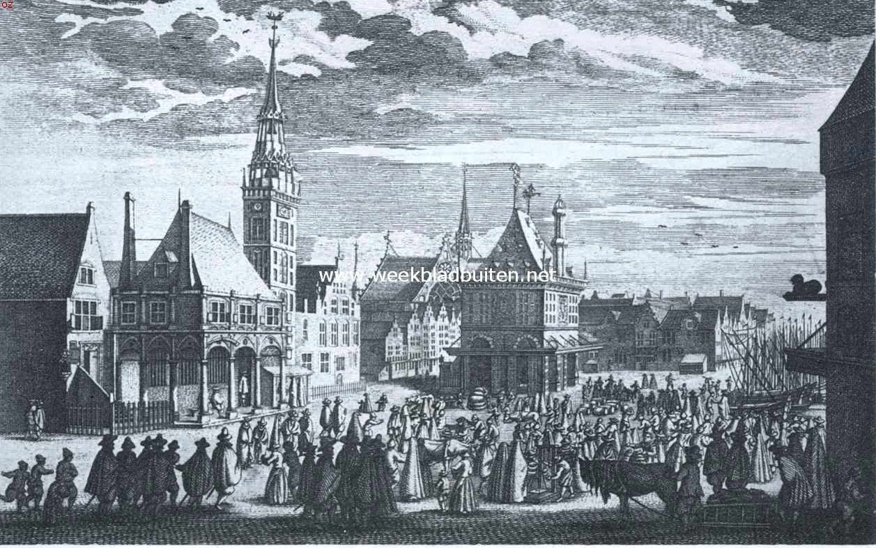 De Dam gedurende vijf eeuwen. De Dam. Het oude stadhuis, de Waag, de Nieuwe Kerk en eenige huizen, zooals zij zich vertoonden na het stichten der Waag, tot omtrent het jaar 1615. (Naar een gravure van Claas Jansz. Visscher)