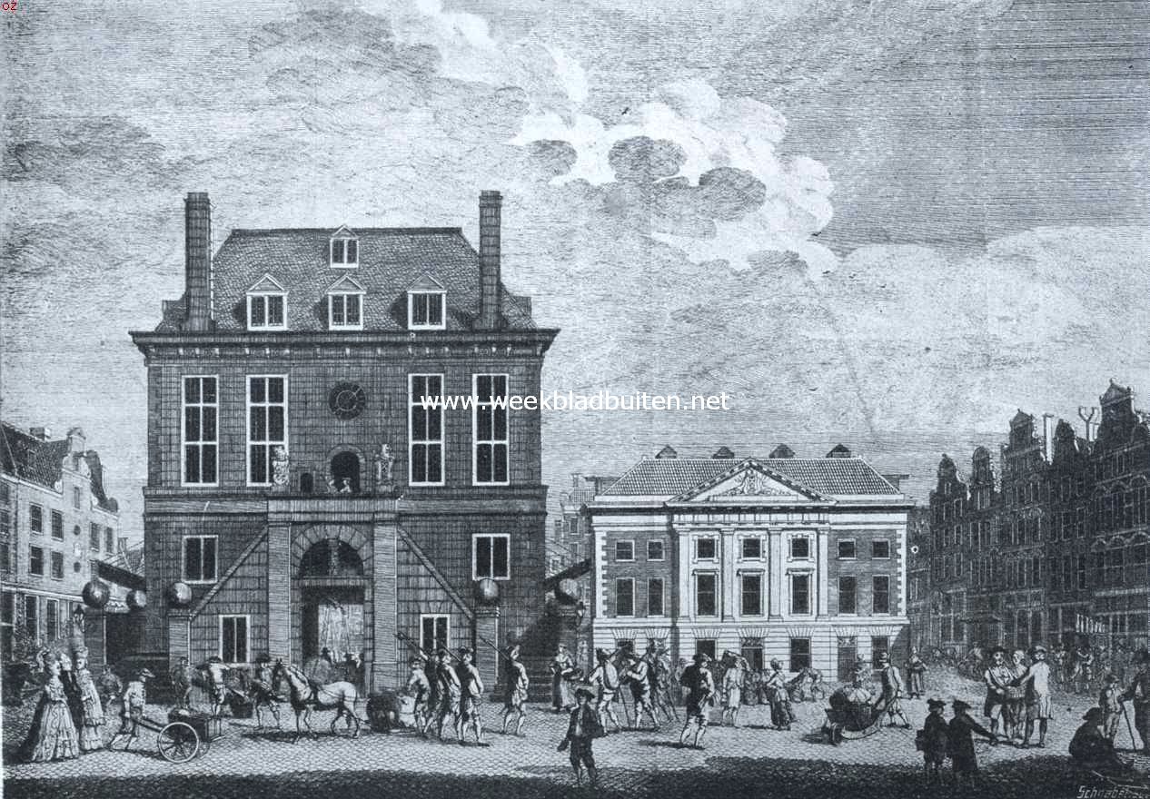 De Dam gedurende vijf eeuwen. De Dam met gerestaureerde Waag 1781. (Naar een gravure van P. Conradi en N. v.d. Plaats)