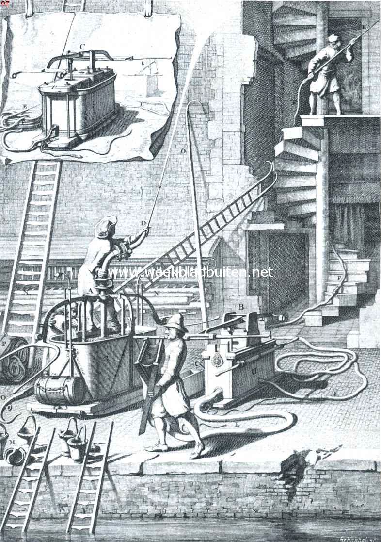 Jan van der Heyden. 1712-28 Maart-1912. Reproductie naar een plaat uit het Spuytboek waarop de oudere brandspuit van Duitsch maaksel, vergeleken is met de kleinere slangbrandspuit, in 1670 door Van der Heyden uitgevonden