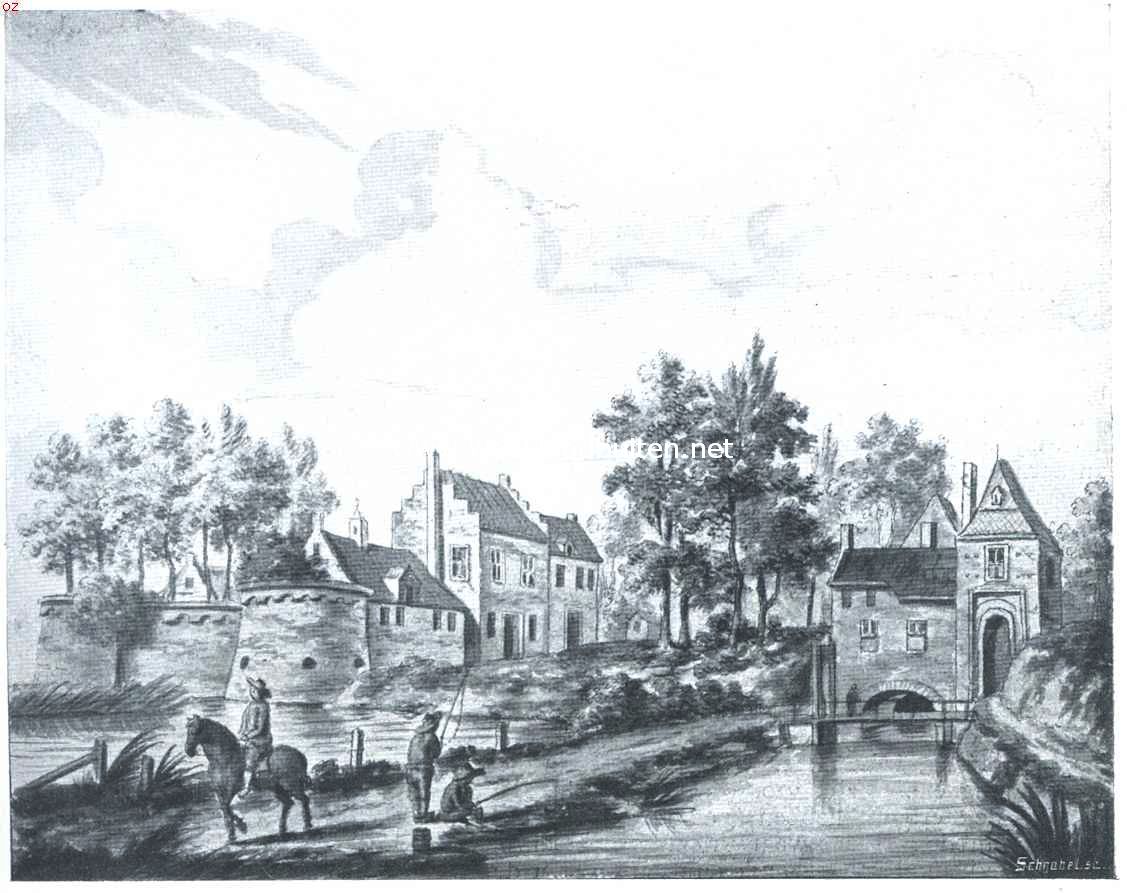 Woerden. Gezicht op Slot en Poort te Woerden in 1670. (naar een oude prent)