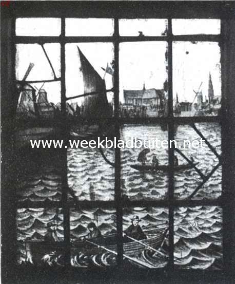 De Beemster. 1612 - 19 Mei - 1912. De Rijp. Gedeelte van een der kerkramen, voorstellende gezicht op de stad Alkmaar