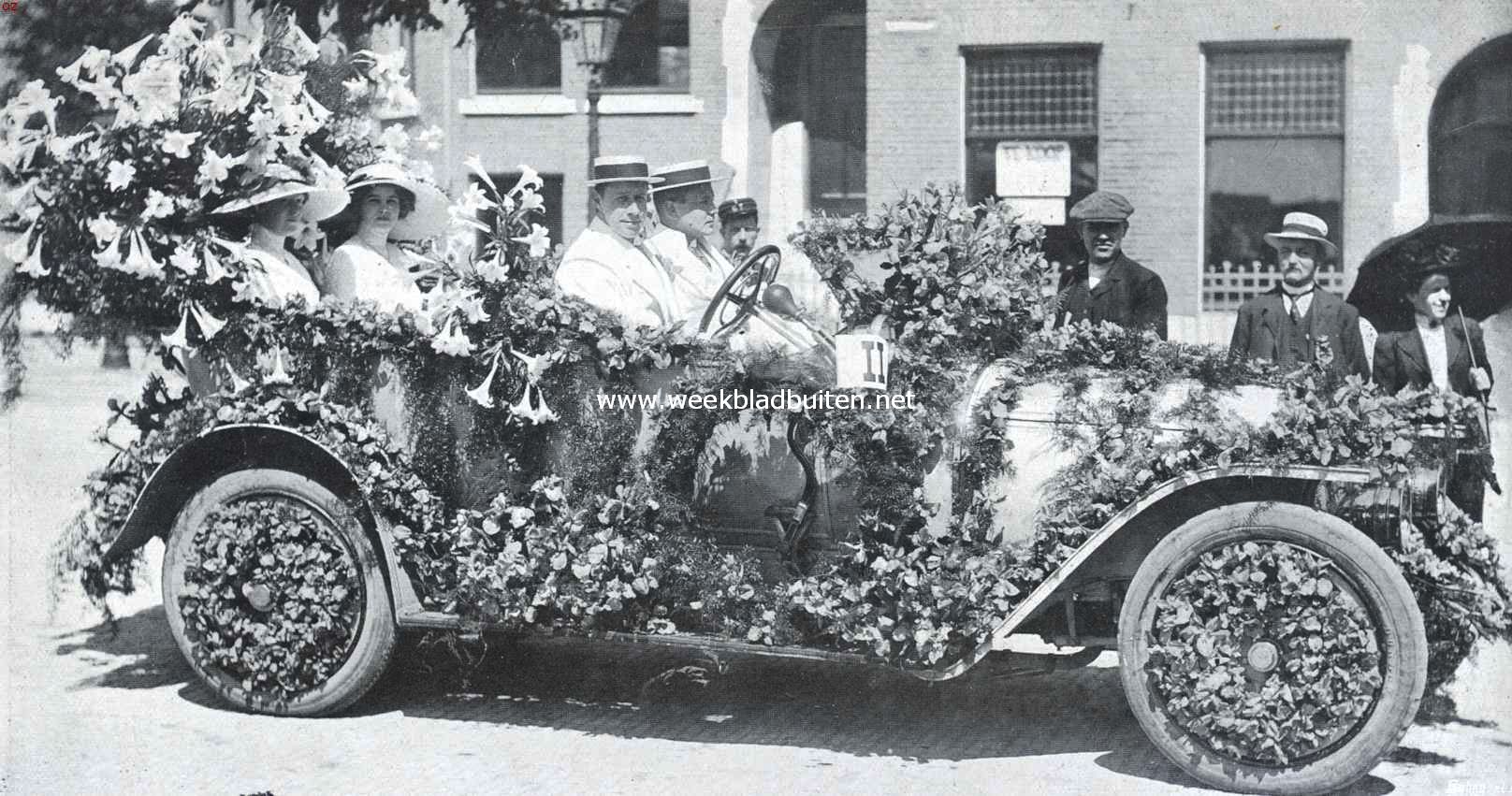 Het bloemencorso op Woensdag 19 Juni L.L., ter gelegenheid van de Amsterdamsche Lustrumfeesten. Versierde auto van den heer W. Gericke