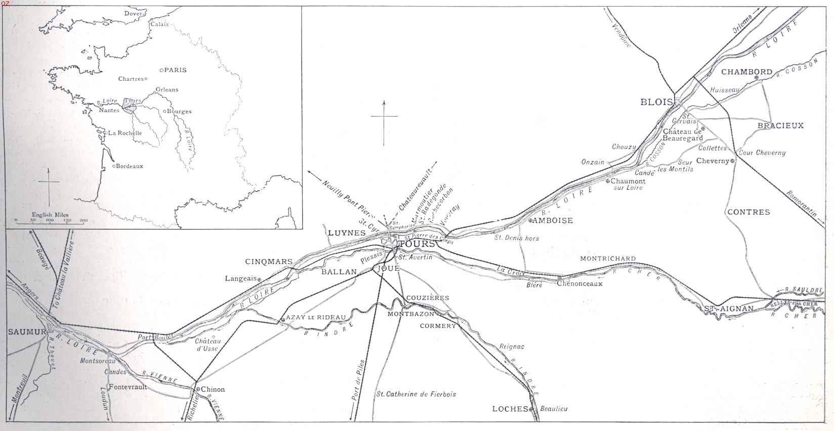 Ligging van kasteelen langs de Loire