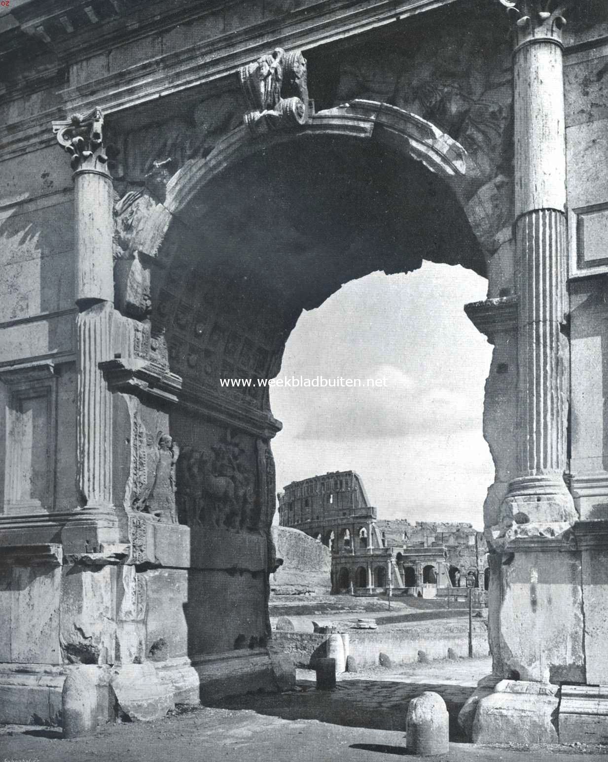 De Triumfboog van Titus te Rome. Op den achtergrond het Colosseum