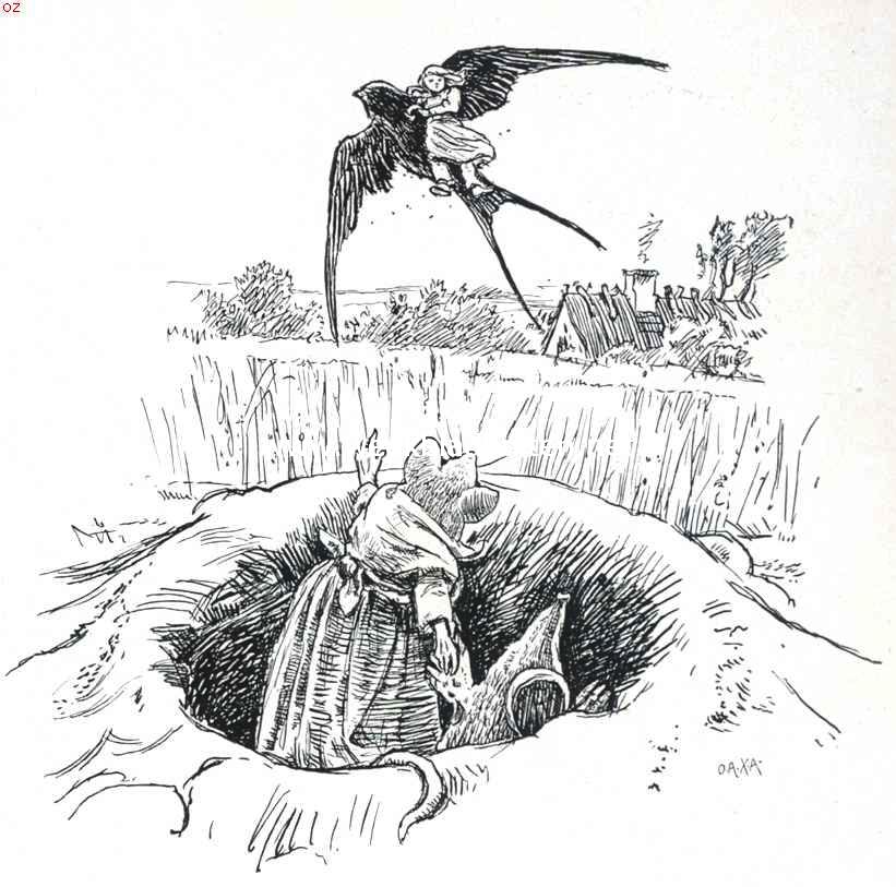 Andersen en zijn sprookjes. III Bloemespel. . En toen vloog de zwaluw hoog op in de lucht . (Duimelijntje)