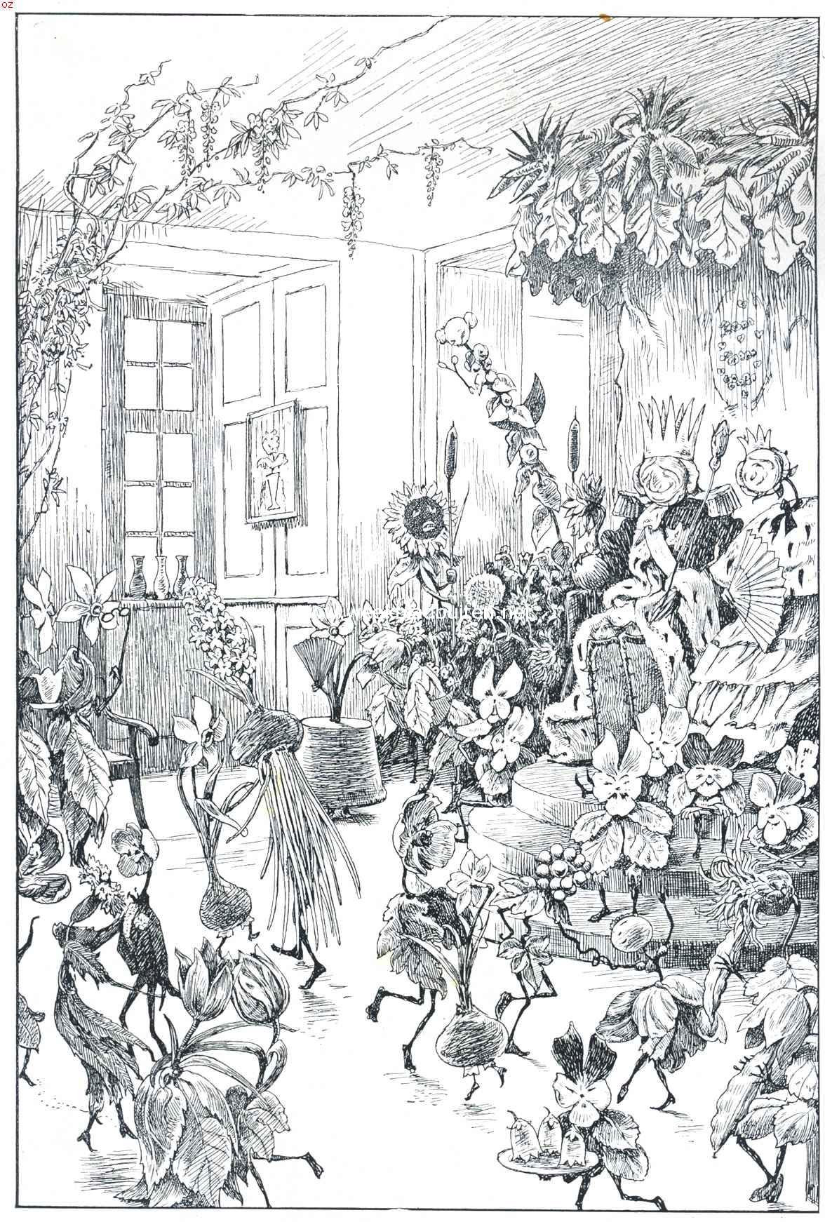 Andersen en zijn sprookjes. III Bloemespel.  Zoo gauw als de Koning en zijn heele hofstoet naar de stad verhuisd zijn, loopen de bloemen uit den tuin naar binnen en dan maken ze pret. (Kleine Ida's bloemen)