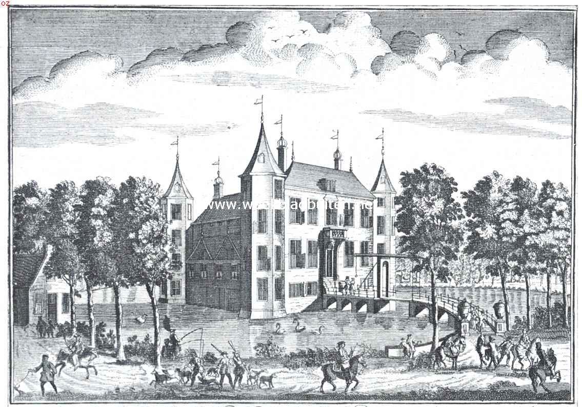 Nederhorst (-Den-Berg). Het Kasteel. Het Huis Nederhorst in het begin van de achttiende eeuw. (Men ziet nog de oude ophaalbrug en de thans verdwenen uitbouw aan de rechterzijde.)
