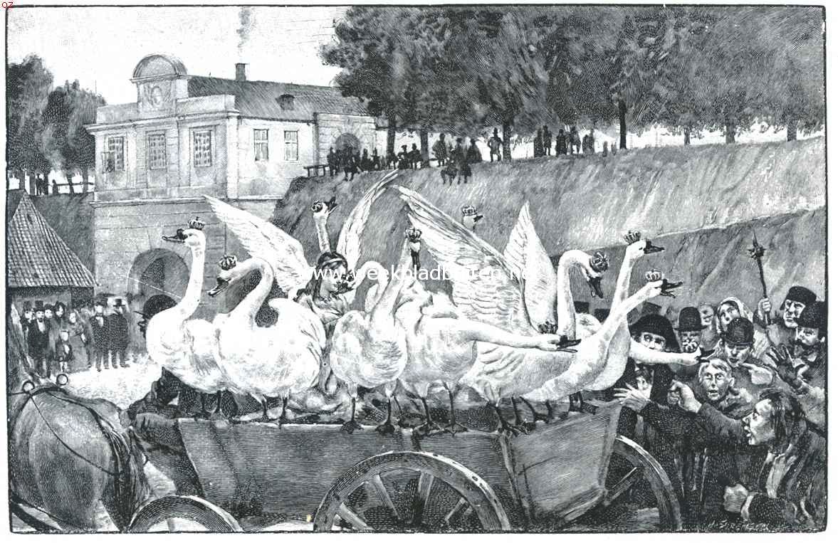 Andersen en zijn sprookjes. IV. Plicht en Toewijding. . Daar kwamen elf witte zwanen aangevlogen, die zetten zich rondom haar heen op de kar en sloegen met de groote vleugels. (de Wilde Zwanen)