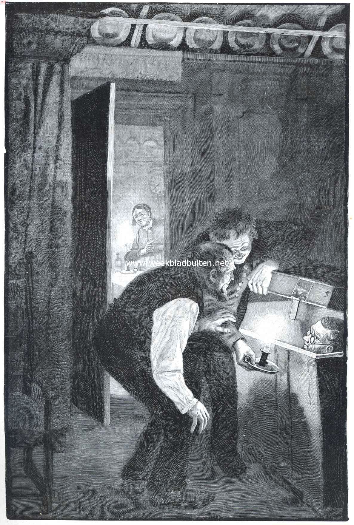 Andersen en zijn sprookjes. V. Sprookjes zonder Moraal. . De boer lichtte even heel voorzichtig het deksel op, en keek er onder. (Kleine Klaus en Groote Klaus)
