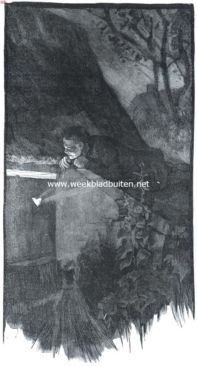 Andersen en zijn sprookjes. V. Sprookjes zonder Moraal. . De luiken sloten de ramen niet tot boven toe, zoodat hij heel goed in de kamer kon zien. (Kleine Klaus en Groote Klaus)