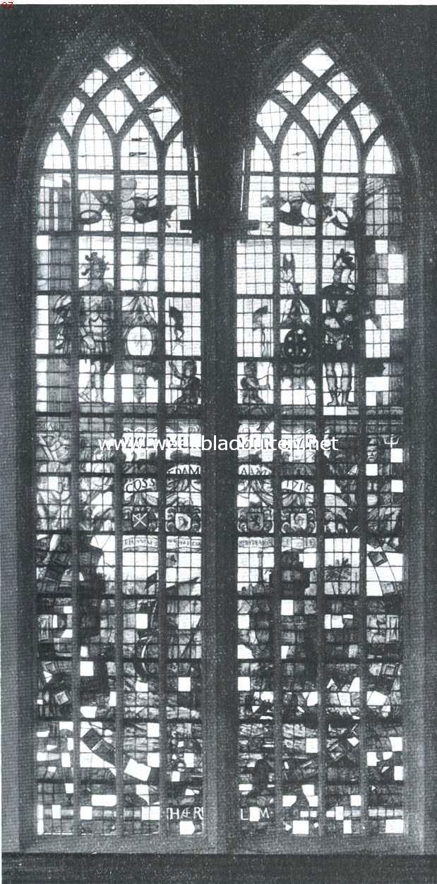 Edam. Raam met gebrande glazen, in de Groote Kerk te Edam, door de stad Haarlem na den brand van 1602 geschonken en voorstellende de verovering van Damiate