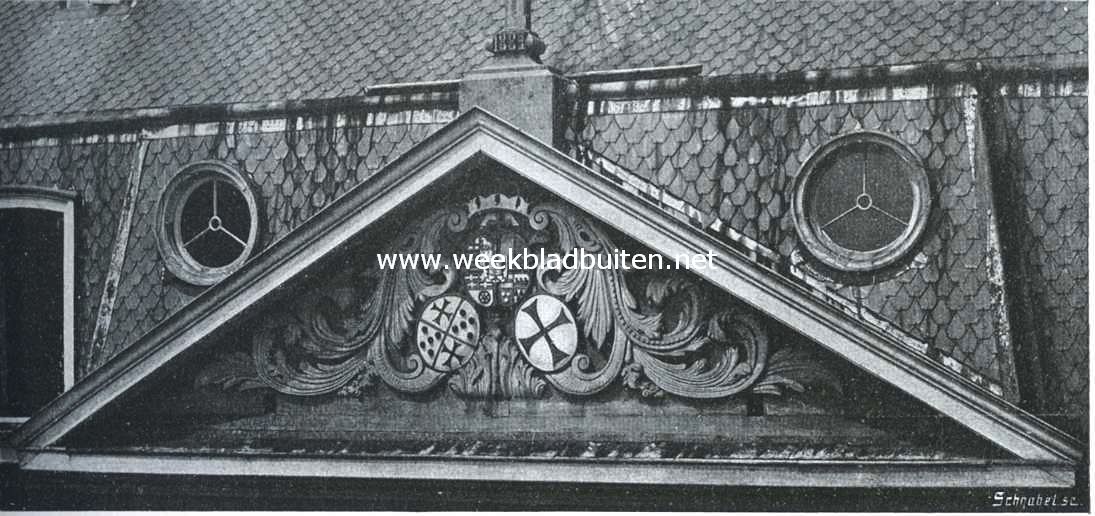 Het kasteel te Gemert. De wapenschilden van Gemert, van de commanderij en van de Teutonische ridderorde in den topgevel (fronton) op de binnenplaats
