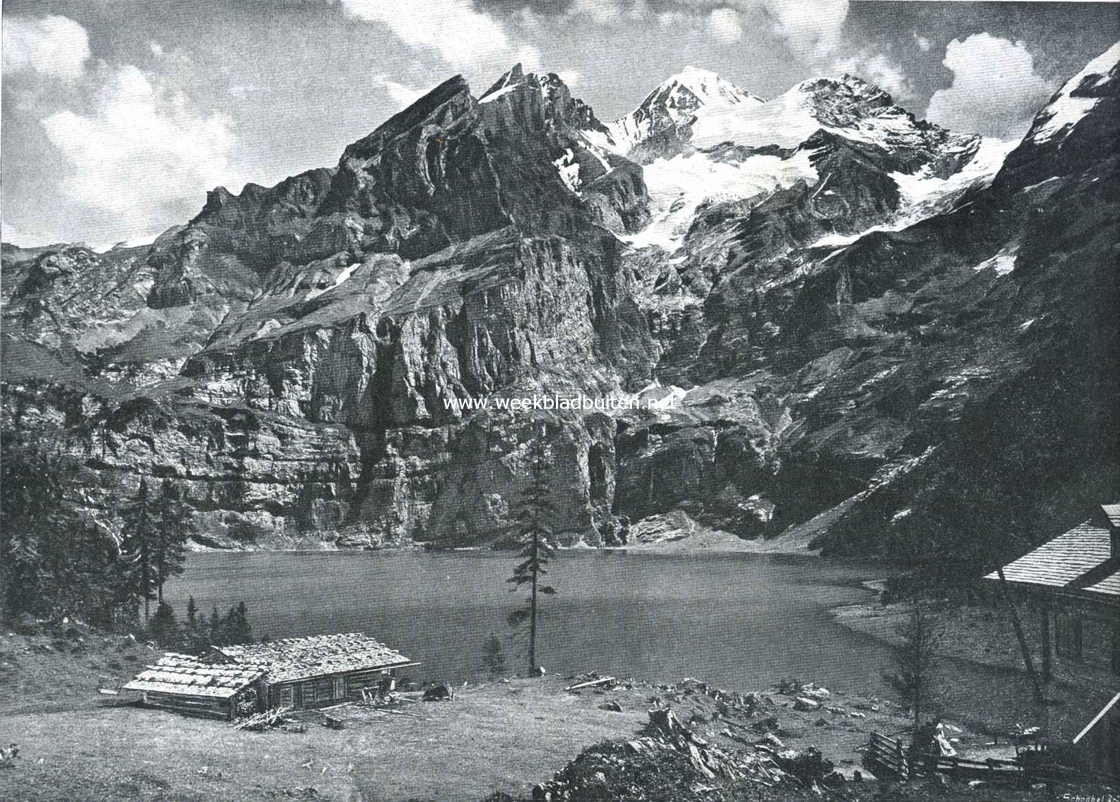Alpinisme. De Oeschinensee (1592 M.), daarboven de Blmlisalphorn